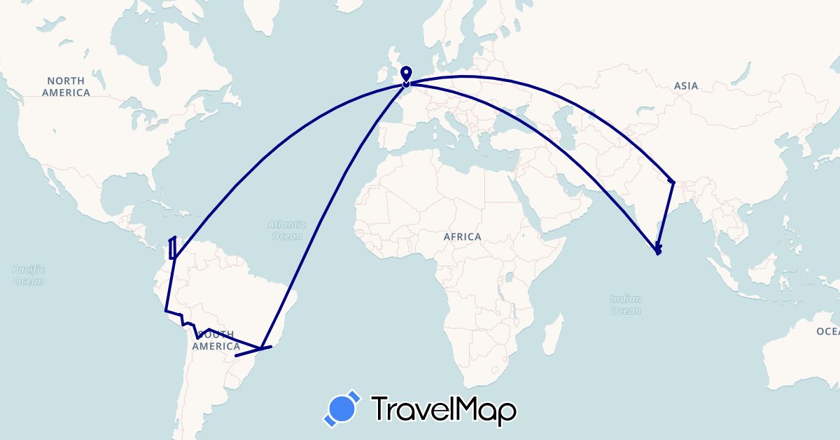 TravelMap itinerary: driving in Argentina, Bolivia, Brazil, Colombia, United Kingdom, Sri Lanka, Nepal, Peru (Asia, Europe, South America)